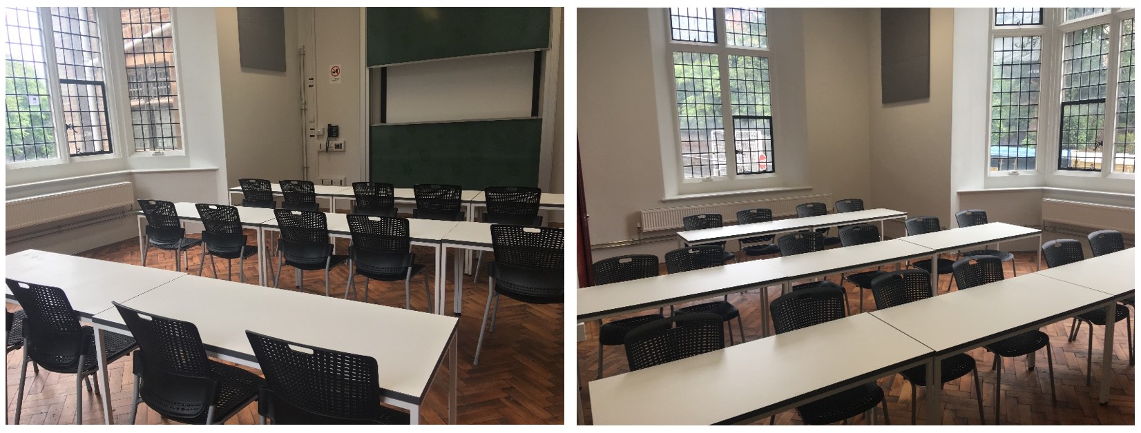 Tables and chairs in rows facing the teaching wall.
